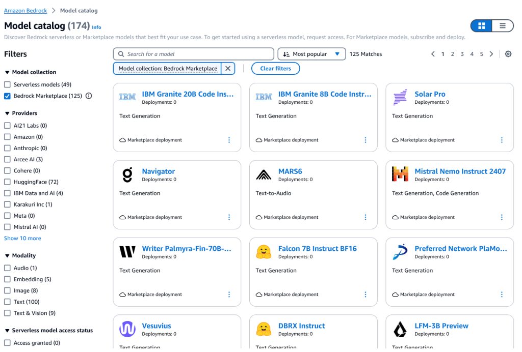 Image showing the expanded AI model catalog in the Amazon Bedrock Marketplace.